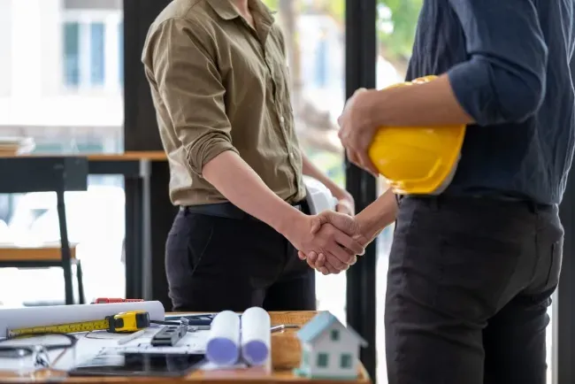 Expert team collaborates for affordable design build services in modern workspace