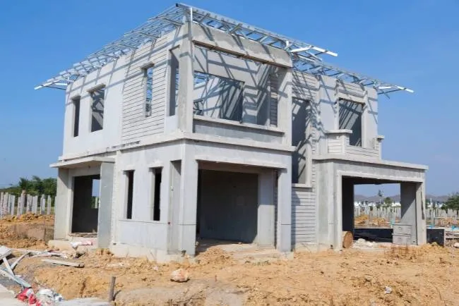 Newly constructed residential building showcasing modern architectural design in an emerging neighborhood with clear blue sky