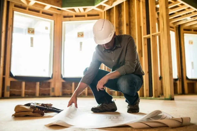 Room addition contractor reviewing construction plan